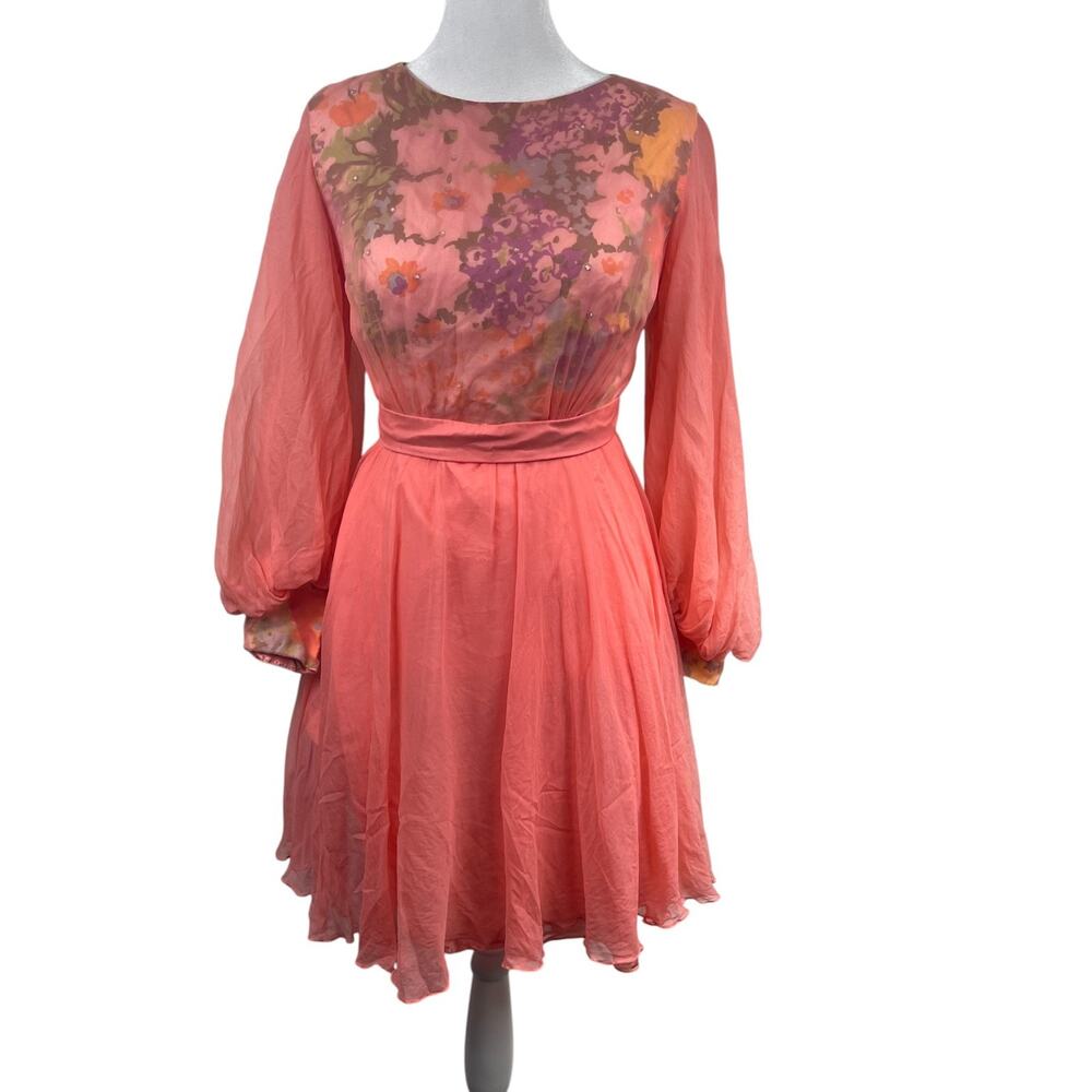 VTG 60s Emma Domb Coral Party Dress S Chiffon Lined Bishop Sleeves Sheer Floral